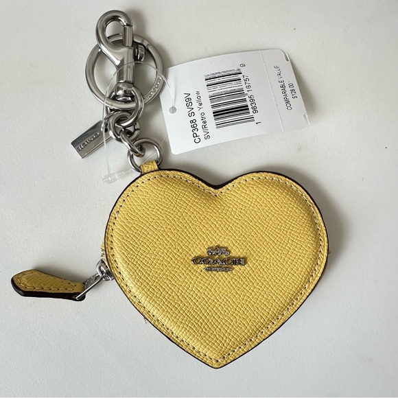 Coach Retro Yellow & Silver Leather Zip Heart Coin Case Bag Charm New - Picture 2 of 9